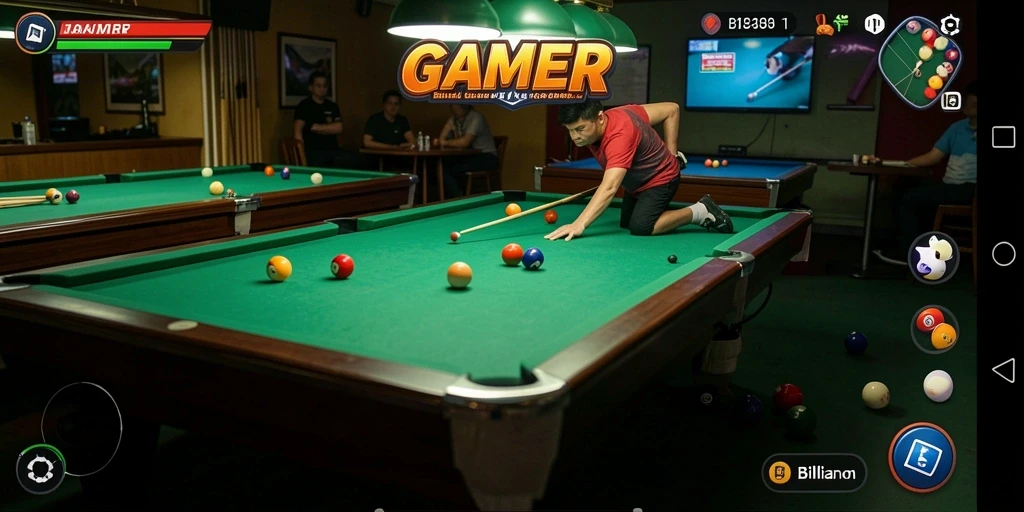 Antarmuka GAMERP menampilkan meja billiard yang lengkap dan kontrol intuitif.
